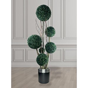Yapay Ağaç Gümüş Kemerli Siyah Galvaniz Saksıda Yeşil Top Şimşir Ağacı 6 Toplu 175cm Yapay Çiçek