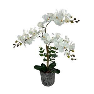 Yapay Çiçek 3lü Beyaz Orkide Seramik Saksıda Orkide 60cm