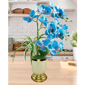 Yapay Çiçek 3lü Mavi Orkide Metal Krem Gold Saksıda Orkide 60cm