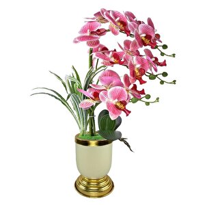 Yapay Çiçek 3lü Pembe Orkide Metal Krem Gold Saksıda Orkide 60cm