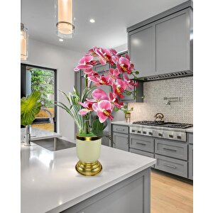 Yapay Çiçek 3lü Pembe Orkide Metal Krem Gold Saksıda Orkide 60cm