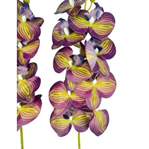 Yapay Çiçek Mor Sarı Çizgi Desenli Islak Orkide Gerçeksi Doku Uzun Dal 90 Cm