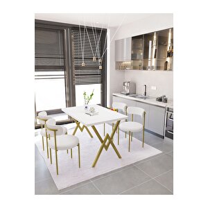 Luna Masa Sandalye Takımı 80*120 Masa Mat Gold Teddy Sandalye Mutfak Masası 4 Sandalye (bukle Kumaş)