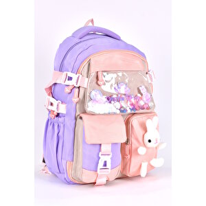 Ortopedik Lüks Kumaş Unisex Çok Gözlü Çocuk İlkokul Çantası Lila 1461