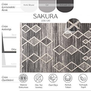 Sakura 2206 Gri Hav Toz Vermez Etnik Desenli Modern Dokuma Bukleli Salon Halısı 120x500 cm