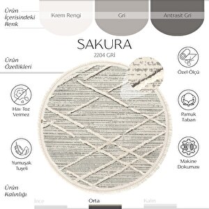 Sakura 2204 Gri Hav Toz Vermez Etnik Desenli Modern Dokuma Yuvarlak Salon Halısı 160x160 cm