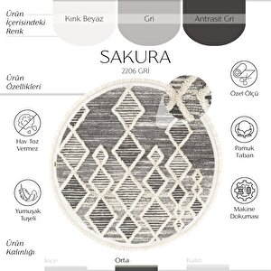 Sakura 2206 Gri Hav Toz Vermez Etnik Desenli Modern Dokuma Yuvarlak Salon Halısı 100x100 cm