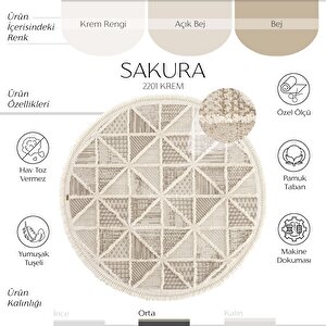 Sakura 2201 Krem Hav Toz Vermez Etnik Desenli Modern Dokuma Yuvarlak Salon Halısı 160x160 cm