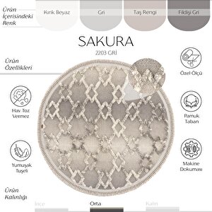 Sakura 2203 Gri Hav Toz Vermez Etnik Desenli Modern Dokuma Yuvarlak Salon Halısı 80x80 cm