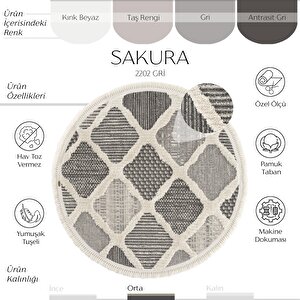 Sakura 2202 Gri Hav Toz Vermez Etnik Desenli Modern Dokuma Yuvarlak Salon Halısı 120x120 cm