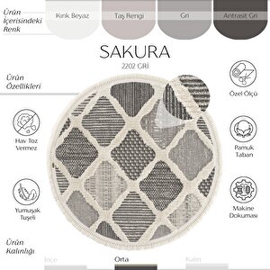 Sakura 2202 Gri Hav Toz Vermez Etnik Desenli Modern Dokuma Yuvarlak Salon Halısı 160x160 cm