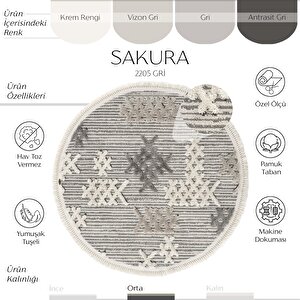 Cool Halı Sakura 2205 Gri Hav Toz Vermez Etnik Desenli Modern Dokuma Yuvarlak Salon Halısı