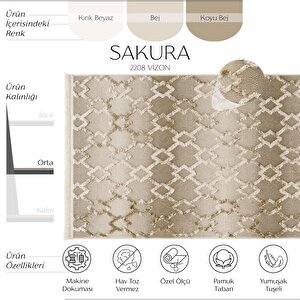 Sakura 2208 Vizon Hav Toz Vermez Etnik Desenli Modern Dokuma Bukleli Salon Halısı 100x400 cm