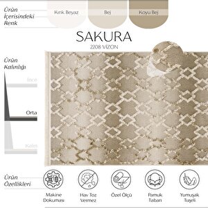 Sakura 2208 Vizon Hav Toz Vermez Etnik Desenli Modern Dokuma Bukleli Salon Halısı 80x200 cm