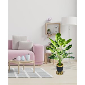 Yapay Çiçek Çizgili Muz Yapraklı Salon Çiçeği 18dal 90*50cm Gold Siyah Vazoda Yapay Bitki