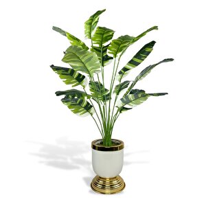 Yapay Çiçek Çizgili Muz Yapraklı Salon Çiçeği 18dal 90*60cm Gold Krem Vazoda Yapay Bitki