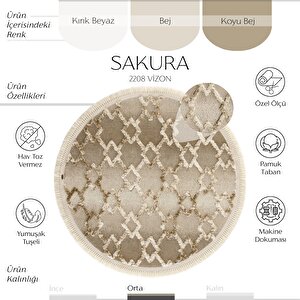 Sakura 2208 Vizon Hav Toz Vermez Etnik Desenli Modern Dokuma Yuvarlak Salon Halısı 160x160 cm