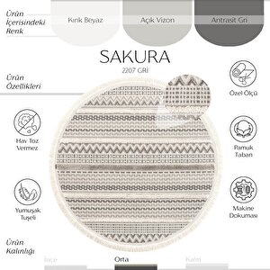 Sakura 2207 Gri Hav Toz Vermez Etnik Desenli Modern Dokuma Yuvarlak Salon Halısı 80x80 cm
