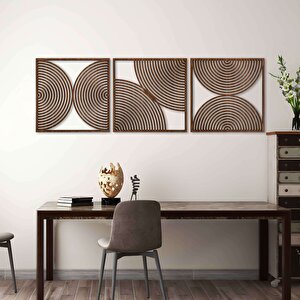 Ahşap Duvar Tablosu, 3 Parça Ahşap Modern Duvar Dekoru, Soyut Duvar Paneli, Ceviz 58,5x58,5 cm