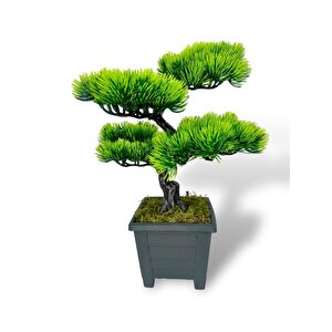 Bonsai Dekoratif Yapay Ağaç Yeşil Bonzai 39*25 Cm Siyah Kare Saksıda