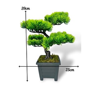 Bonsai Dekoratif Yapay Ağaç Yeşil Bonzai 39*25 Cm Siyah Kare Saksıda
