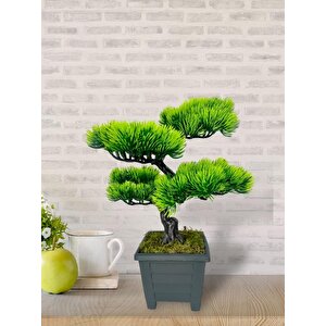 Bonsai Dekoratif Yapay Ağaç Yeşil Bonzai 39*25 Cm Siyah Kare Saksıda