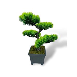 Bonsai Dekoratif Yapay Ağaç Yeşil Bonzai 39*25 Cm Siyah Kare Saksıda
