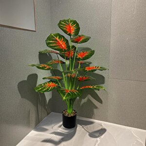 Yapay Çiçek Saksıda Tropik Kızıl Caladium 18 Dal 70 Cm Salon Çiçeği Yapay Bitki