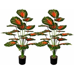 Yapay Çiçek Saksıda Tropik Kızıl Caladium 18 Dal 70 Cm Salon Çiçeği Yapay Bitki
