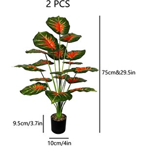 Yapay Çiçek Saksıda Tropik Kızıl Caladium 18 Dal 70 Cm Salon Çiçeği Yapay Bitki