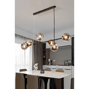 Rikardo Modern Siyah Kasa Gold Detaylı Grı Globe Camlı Sıralı 6lı Avize