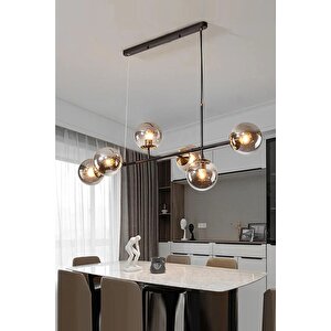 Rikardo Modern Siyah Kasa Gold Detaylı Grı Globe Camlı Sıralı 6lı Avize