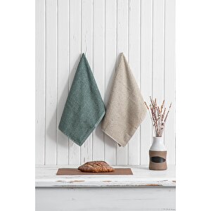Green Black Parla 2'li Mutfak Havlusu %100 Pamuk  Bukle-bukle Bej-yeşil 50x70 Cm