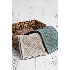 Green Black Parla 2'li Mutfak Havlusu %100 Pamuk  Bukle-bukle Bej-yeşil 50x70 Cm