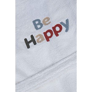 Be Happy Erkek Çocuk Bornoz %100 Pamuk Nakışlı Krem/lacivert