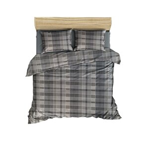 Pamuklu Siyah Gri Ekose 200x220 Cm Çift Kişilik Nevresim Ve 2 Yastık Kılıfı Seti