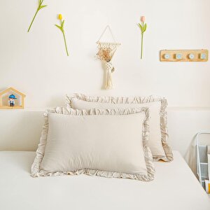 Maki Home Yüzde Yüz Pamuklu Bej Fırfırlı İki Adet 50x70 Yastık Kılıfı Seti
