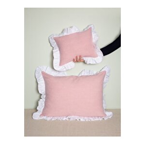 %100 Pamuklu Pembe Beyaz Fırfırlı İki Adet 50x70 Yastık Kılıfı Seti