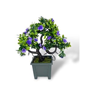 Yapay Çiçek Mor Çiçekli Bonsai Ağacı Dekoratif Yapay Ağaç Bonzai 29*24 Cm Siyah Kare Saksıda