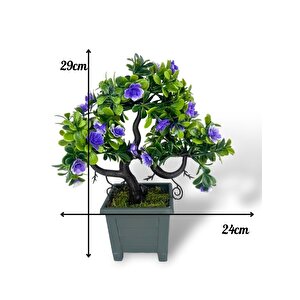 Yapay Çiçek Mor Çiçekli Bonsai Ağacı Dekoratif Yapay Ağaç Bonzai 29*24 Cm Siyah Kare Saksıda