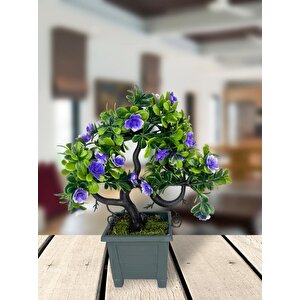 Yapay Çiçek Mor Çiçekli Bonsai Ağacı Dekoratif Yapay Ağaç Bonzai 29*24 Cm Siyah Kare Saksıda