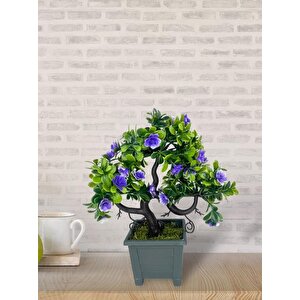 Yapay Çiçek Mor Çiçekli Bonsai Ağacı Dekoratif Yapay Ağaç Bonzai 29*24 Cm Siyah Kare Saksıda