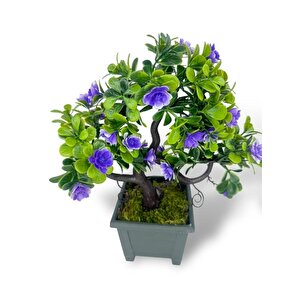 Yapay Çiçek Mor Çiçekli Bonsai Ağacı Dekoratif Yapay Ağaç Bonzai 29*24 Cm Siyah Kare Saksıda