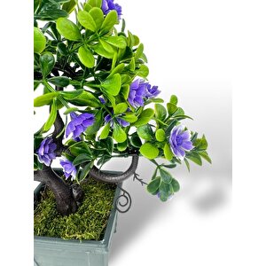Yapay Çiçek Mor Çiçekli Bonsai Ağacı Dekoratif Yapay Ağaç Bonzai 29*24 Cm Siyah Kare Saksıda