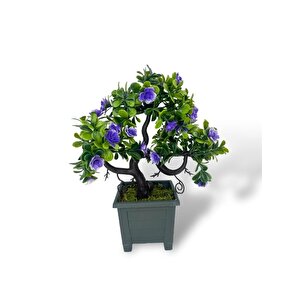 Yapay Çiçek Mor Çiçekli Bonsai Ağacı Dekoratif Yapay Ağaç Bonzai 29*24 Cm Siyah Kare Saksıda