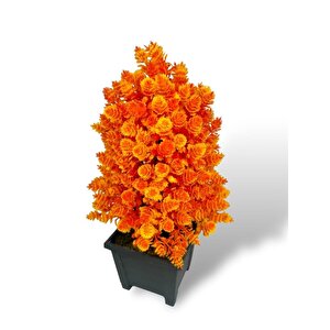 Yapay Çiçek Bonsai Ağacı Turuncu Kozalak Model Dekoratif Yapay Ağaç Bonzai 30*15 Cm Siyah Kare Saksıda
