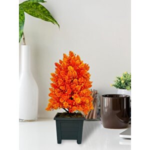 Yapay Çiçek Bonsai Ağacı Turuncu Kozalak Model Dekoratif Yapay Ağaç Bonzai 30*15 Cm Siyah Kare Saksıda