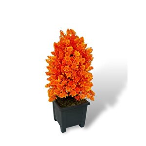 Yapay Çiçek Bonsai Ağacı Turuncu Kozalak Model Dekoratif Yapay Ağaç Bonzai 30*15 Cm Siyah Kare Saksıda