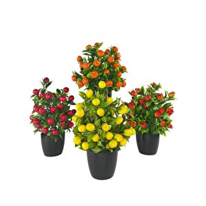 4lü Set Yapay Çiçek Kiraz Nar Limon Ve Mandalina Ağacı Siyah Saksıda 30cm