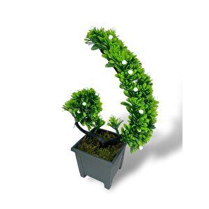 Yapay Çiçek Bonsai Ağacı Beyaz Eğik Model Dekoratif Yapay Ağaç Bonzai 30*22 Cm Siyah Kare Saksıda